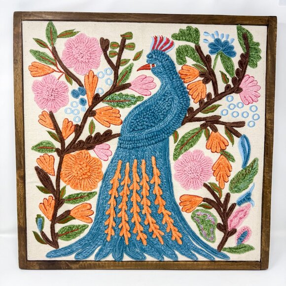Blue Peacock Embroidered Framed Boho Wall Art Textile Folk Art Wood Frame - Picture 1 of 6